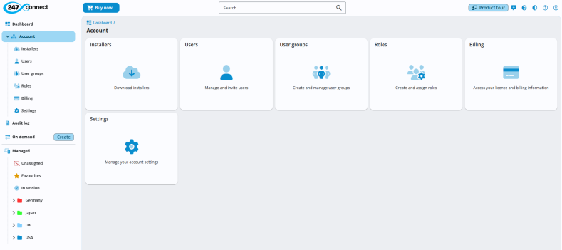 247connect dashboard showing the 'Account' section. The main panel displays six large tiles labelled Installers, Users, User groups, Roles, Billing and Settings, each with a description and icon. 